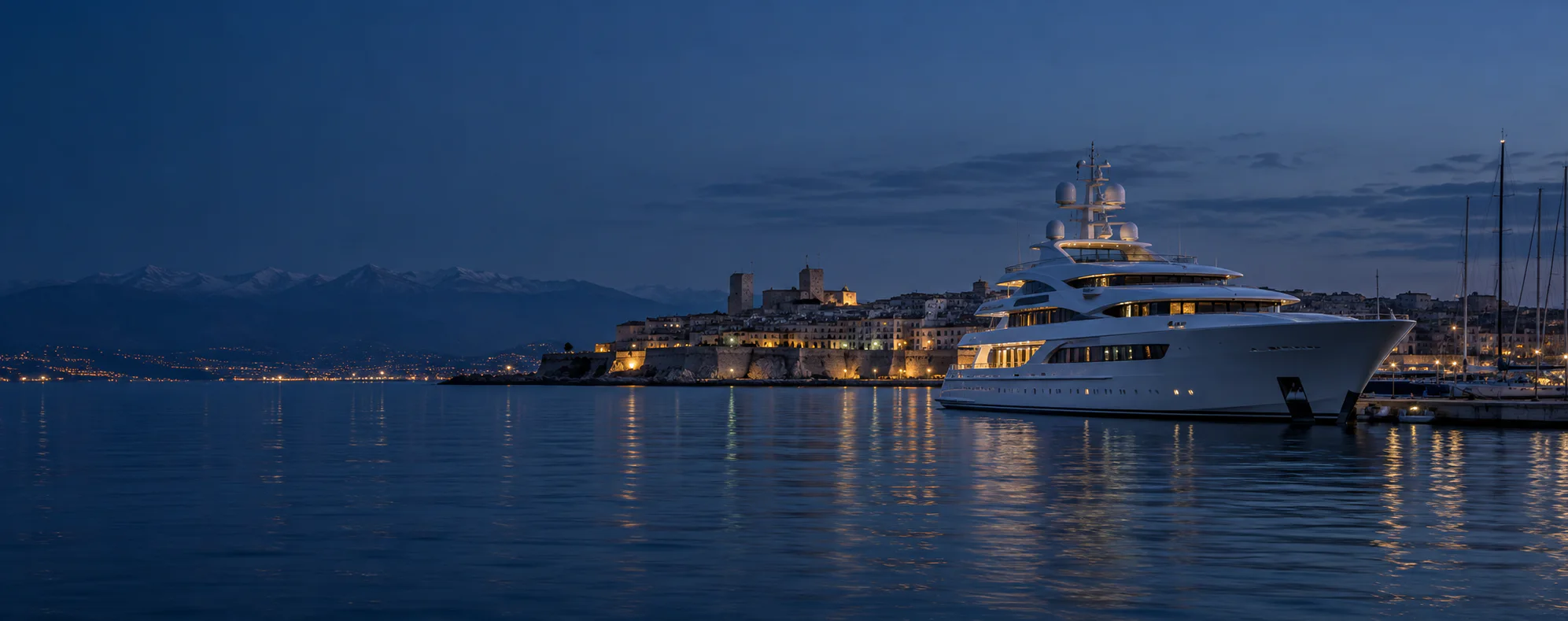 Superyacht in Antibes harbour at blue hour